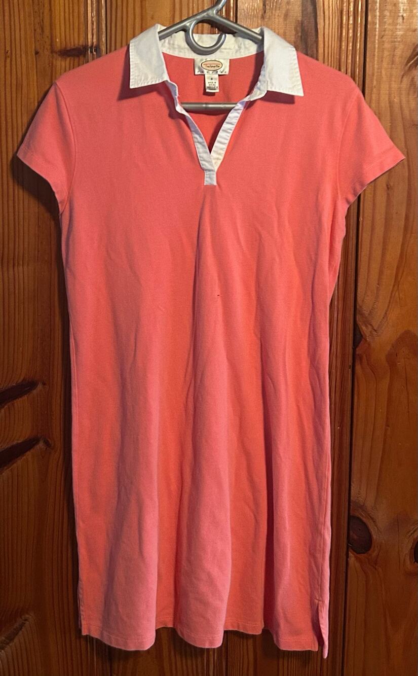 Talbots petites shirt dress coral/pink collared polo knee length preppy size 8